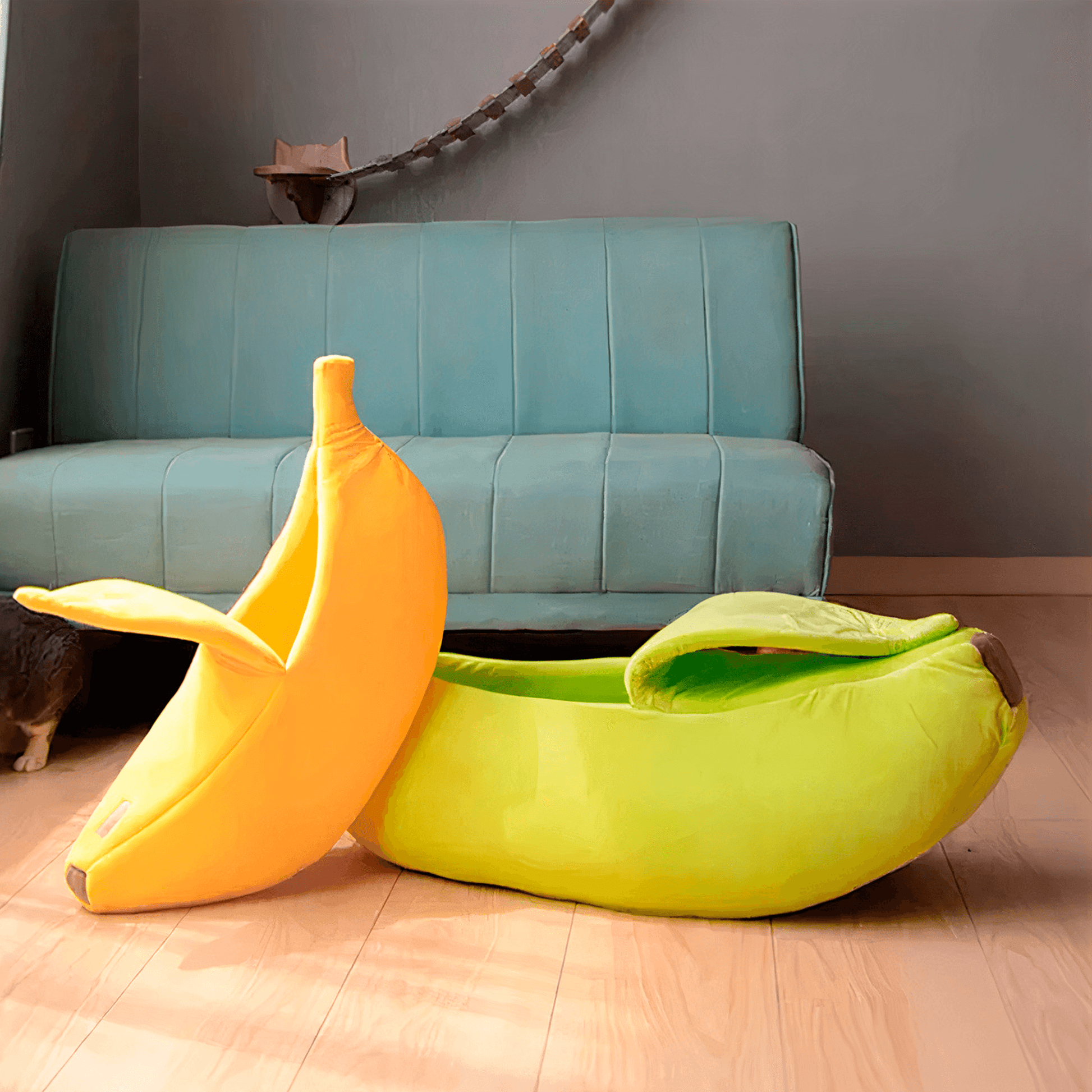 Pet bed with banana design placed in living room