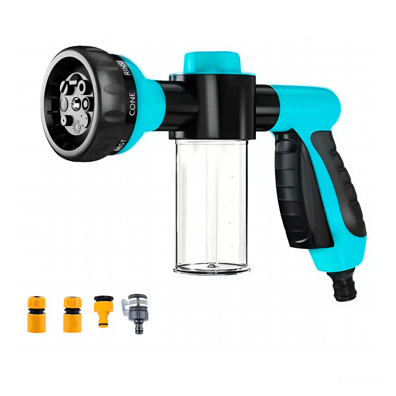 Pup Jet Washer: portable pet washing device with shampoo dispenser and water pressure control for easy cleaning.