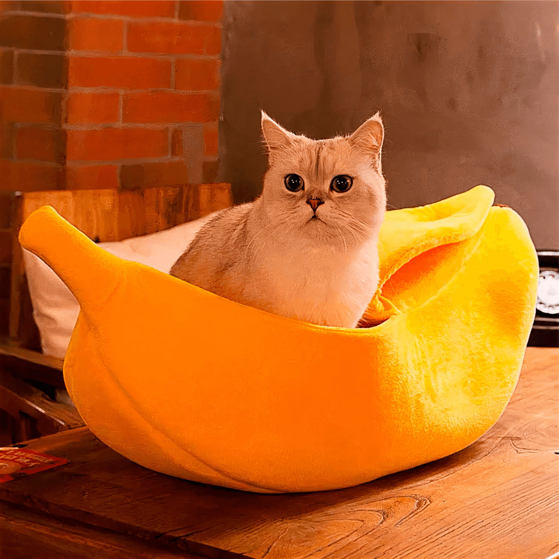 Yellow banana cat bed with soft cushion interior