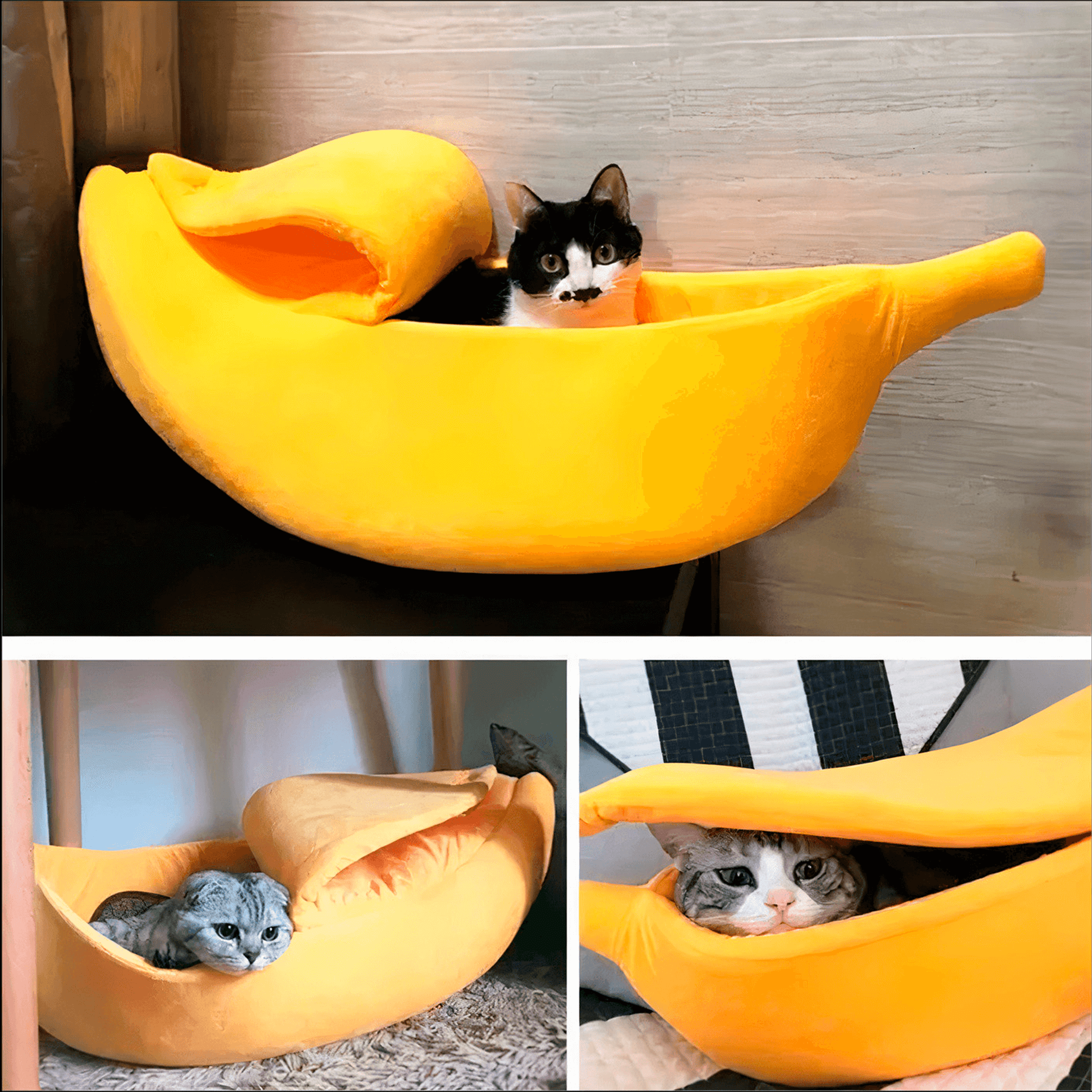 Funny cat bed in the shape of a banana peel