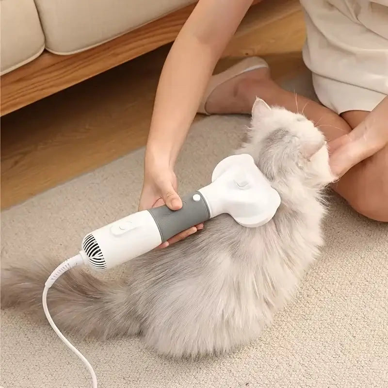 A pet owner using a 3-in-1 dog hair dryer tool on a fluffy cat, making grooming easy and quick.
