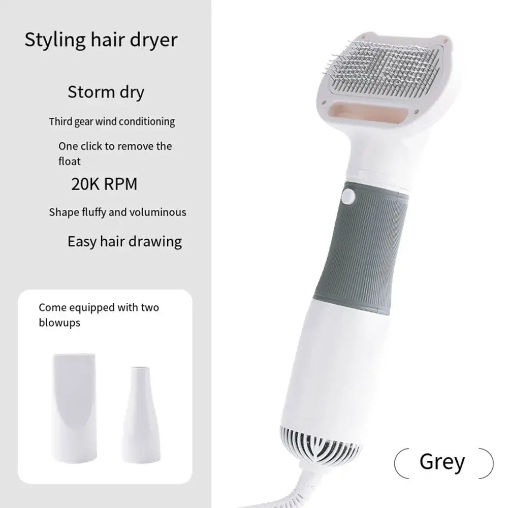 3-in-1 pet hair dryer in grey with detachable nozzles, features storm dry technology and easy hair brushing.