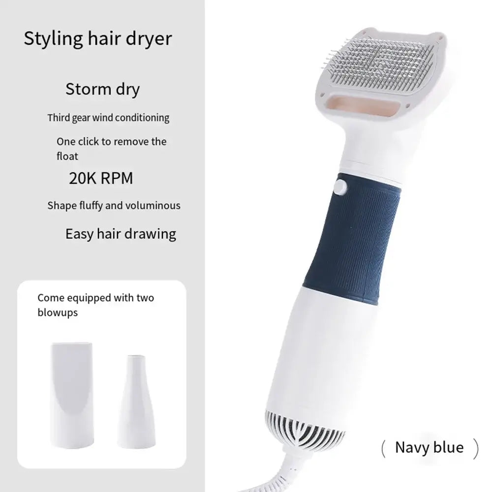 3-in-1 pet hair dryer and grooming comb in navy blue; efficient tool for drying, brushing, and hair removal.