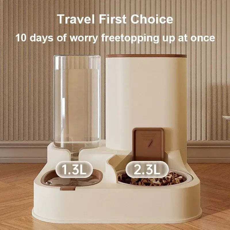 Automatic pet feeder and water dispenser with 1.3L water tank and 2.3L food bowl for 10 days of pet care.