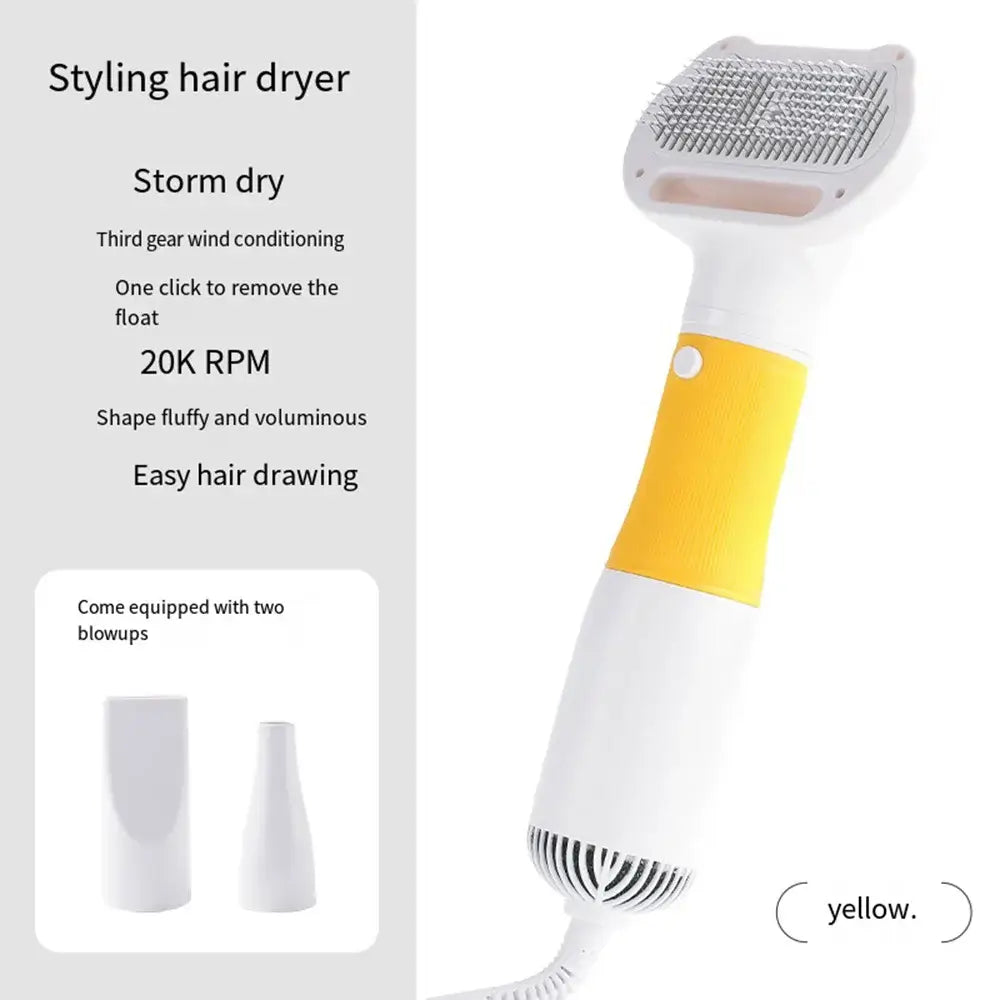 3-in-1 pet hair dryer in yellow for easy drying, brushing, and removing loose hair for stress-free grooming.