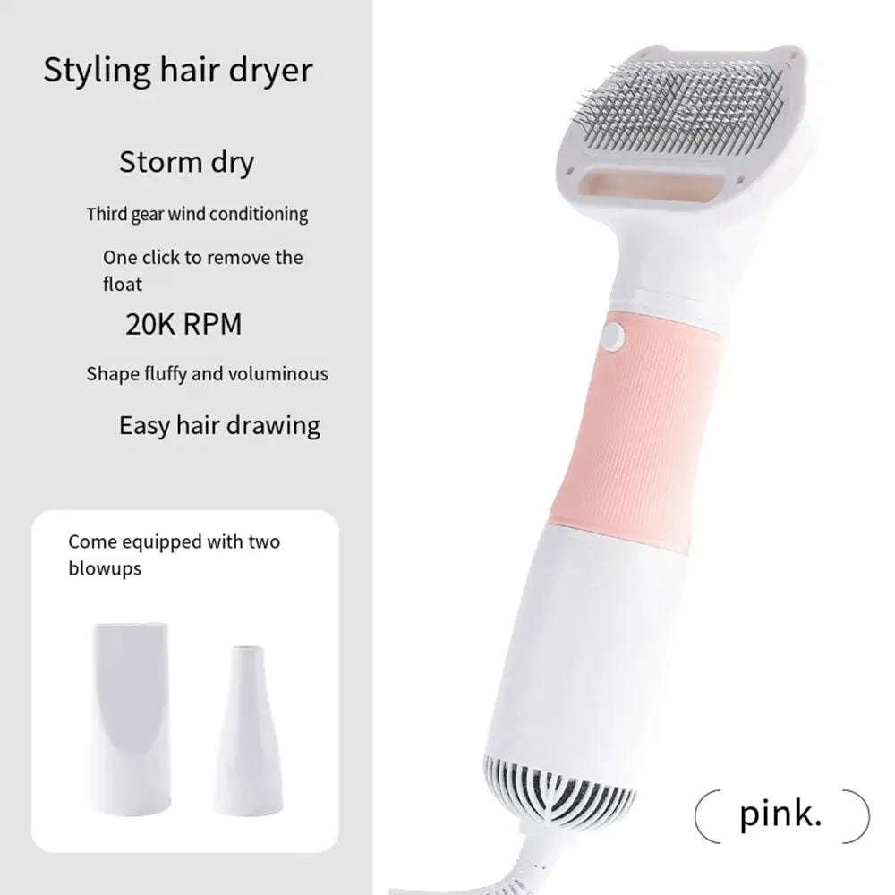 3-in-1 pet hair dryer in pink with grooming brush, storm dry feature, and two blowup attachments for easy grooming.